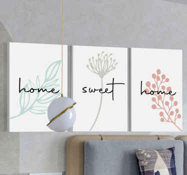 Impressões em canvas da cabeceira da cama de casa doce. Fundo branco com motivos florais coloridos e citações pretas sobre a casa. Obtê-lo agora!