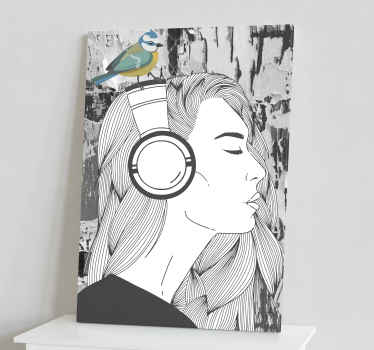 Impressão de tela de pessoas adoráveis hospedando o desenho de uma mulher curtindo música de seu fone de ouvido. Ele é criado em um efeito de textura de desenho à mão.