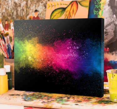 Multicolor respingo arte abstrata da parede da lona. Fundo preto e explosão de tinta em pó. Decore seus pisos. Inscreva-se com 10% de desconto!