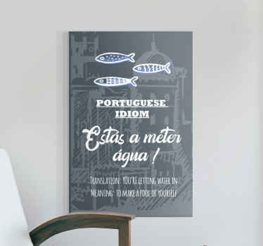 Português dizendo canvas idiota de tradução. Fundo cinza com motivos decorativos e peixes. Legenda engraçada branca. Inscreva-se com 10% de desconto!