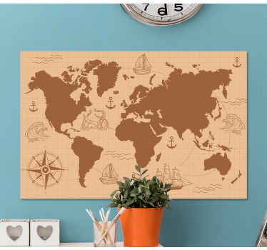 Quadro mapa mundi Marrom com bússola - TenStickers