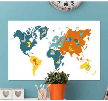 Quadro mapa mundi Dinossauro azul e laranja - TenStickers