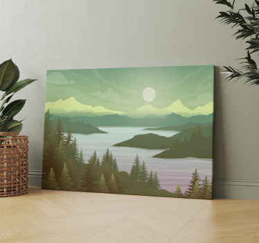 Rio e tela de arte da parede da árvore da natureza. Lago verde com ilhas que estão repletas de árvores em estilo cartoon. Obtenha com envio imediato!