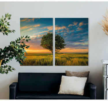 Tela de arte da parede da árvore da paisagem do céu azul. Céu com grandes detalhes e campo verde com uma árvore em crescimento. Obtenha agora e divirta-se!