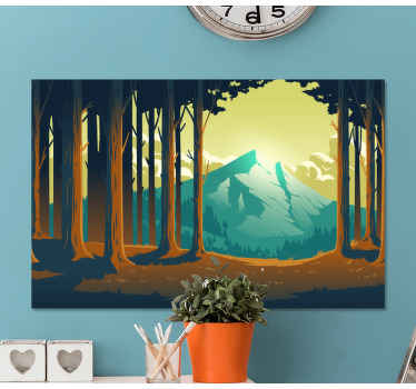 Lona de arte da parede da árvore dos desenhos animados da natureza. árvores em uma floresta de estilo cartoon com uma montanha ao fundo. Obtenha com frete imediato!
