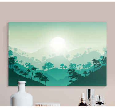 Floresta paisagem árvore parede arte canvas. Céu verde com sol branco e paisagem da floresta em diferentes tons de verde. Obtenha com envio imediato!
