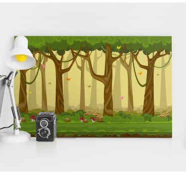 Tela de arte da parede da árvore dos desenhos animados da floresta. Floresta verde e amarela com árvores e frutos. Decore suas paredes. Envio imediato!