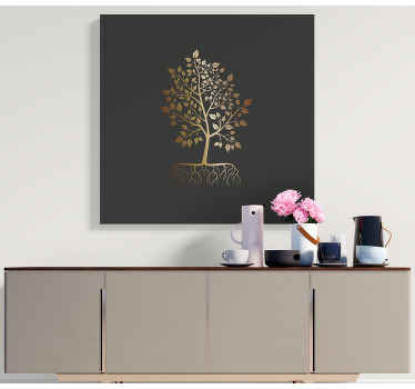 Ouro com tela de Vinil decorativode árvore de raízes. Fundo cinza com uma árvore dourada e um sistema radicular. Decorar. Envio imediato!