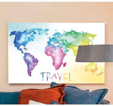 Tela do mapa do mundo de viagens em aquarela. Fundo branco com motivo de mapa-múndi que tem tons diferentes para cada continente. Obtê-lo agora!