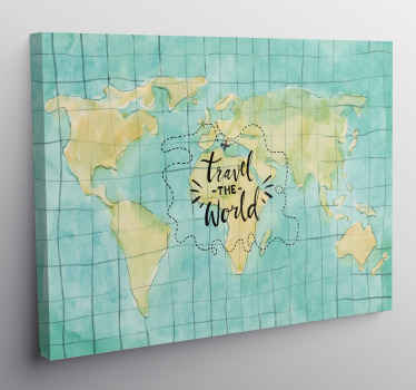 Viajar a tela do mapa do mundo. Fundo azul claro com grade quadrada e motivo do mapa do mundo verde com legenda em preto!