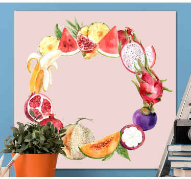Pintura a óleo tela multi frutas. Fundo rosa com frutas em estilo pintado. Coroa decorativa. Obtenha com envio imediato!