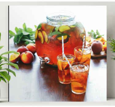 Pêssegos e copos de vidro, lonas de frutas. Chá de pêssegos com copos e chá. Decore suas paredes. Obtenha com envio imediato!