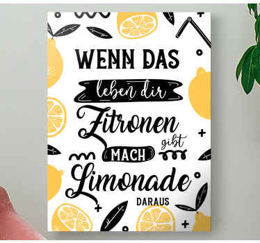 Quando a vida lhe dá uma tela motivacional de limão. Este projeto tem um fundo branco com detalhes decorativos pretos e limões de desenho animado. Fontes diferentes.