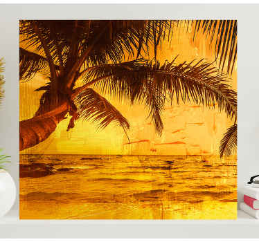 Arte da parede da lona da natureza palm beach para a sala de jantar. Pôr do sol amarelo com vista para a praia e palmeira. Decorar. Obtenha remessa imediata!