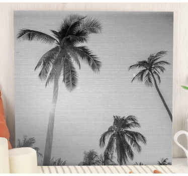 Sol cintilante com Vinil decorativode palm canvas para sala de jantar. Fundo em tons de cinza com palmeiras e raios de sol. Envio imediato!