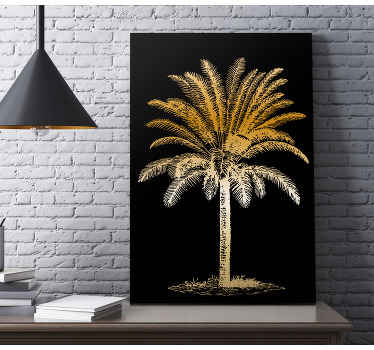 Arte da parede da lona da palmeira dourada para a sala de jantar. Fundo preto com palmeira de cor ouro e branco. Decorar. Envio imediato!