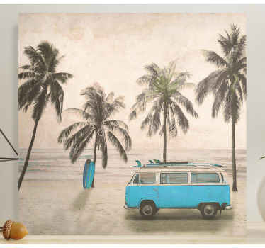 Palm com estampas de parede de quarto de van surfer blue. Efeito de fundo vintage. Praia, van hippie e palmeiras. Obtenha remessa imediata!