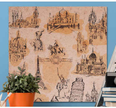 Fotos de canvas de produtode paisagem vintage para sala de estar. Fundo de cor creme e desenhos de construção com efeito de papel velho.