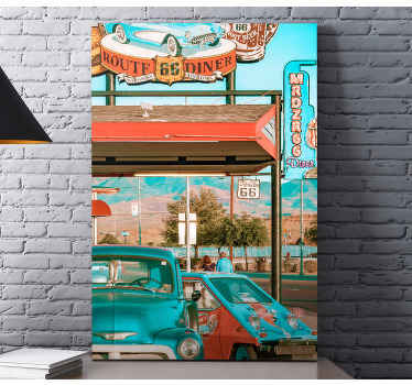 Arte em tela com ilustração de restaurante com carros antigos ótima para você dar uma mudança no estilo de decoração da sua sala.