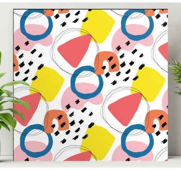 Pintura de tela geométrica padrão de arte. Fundo branco com diferentes formas geométricas coloridas em um padrão. Obtenha com frete imediato!
