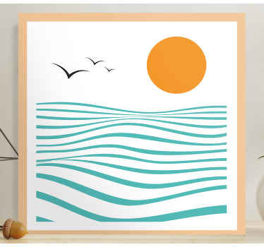 Esta incrível tela geométrica abstrata do mar apresenta um fundo branco com um sol amarelo, ondas azul-petróleo e três pássaros pretos voando. Entrega ao domicílio!