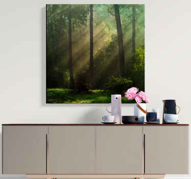 Tela de paisagem de luz solar de floresta verde profundo. Floresta pintada em grandes detalhes com o sol vazando por entre as árvores. Envio imediato.