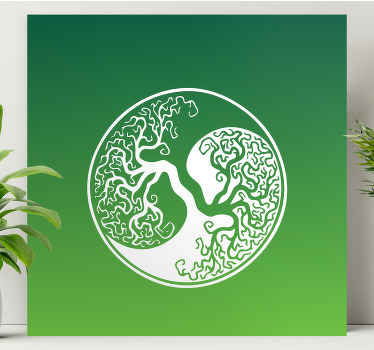 Tela original da parede da árvore da vida do yin yang. Fundo gradiente de cor verde com motivo branco ying yang com árvore bonsai. Obter imediatismo.