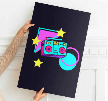 Tela retro com produtoboombox colorido estilo anos 80 com formas que ficarão bem em sua sala de estar, sala de jantar, quarto por seu produtoexclusivo.