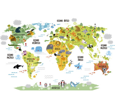 vinis decorativos de mapa-múndi animal com nomes da polônia para decorar o quarto das crianças. é fácil de aplicar e autoadesivo.