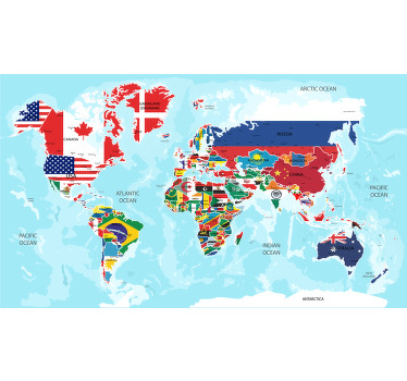 Vinil autocolante para quarto juvenil do mapa mundo com as bandeiras e nomes de todos os países. Vários tamanhos disponíveis.