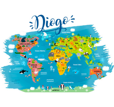 Autocolante decorativo infantil mapa mundo com animais é a forma perfeita para os seus pequenos iniciarem o seu conhecimento em geografia mundial.