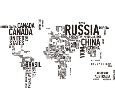 Autocolante de parede fantástico que ilustra o mapa mundo em texto. Mural de parede moderno, original e contemporâneo.