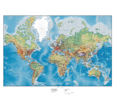 Mural de parede ilustrando um mapa mundo com as dimensões físicas e políticas, capaz de criar uma atmosfera clássica e culta no seu quarto.
