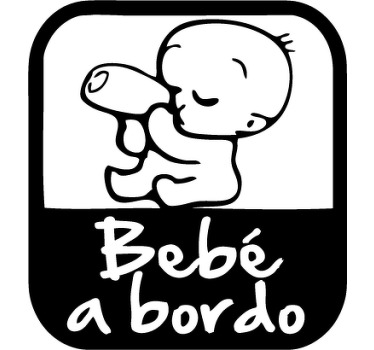 Autocolante para carro original ilustrando um pequeno bebé a beber leite do biberão, juntamente com a frase "Bebé a bordo".