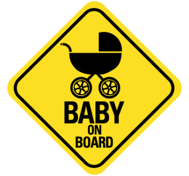 Sticker decorativo ilustrando a frase "Baby on Board" e um ícone de um carrinho de bebé. Fácil de aplicar e de remover.