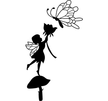 Adesivo de parede de uma fada a oferecer no cimo de um cogumelo, uma flor à sua amiga borboleta. Vinil decorativo ideal para crianças.