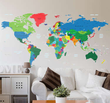 Vinil mapa mundo colorido. Decora o teu quarto com este original vinil autocolante de qualidade e por um preço baixo.