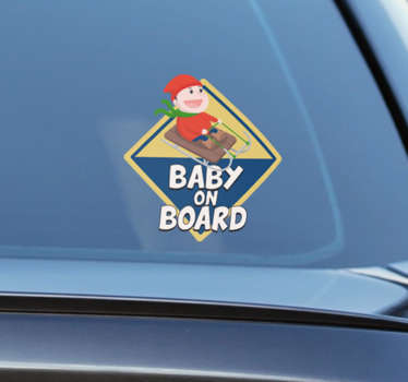Autocolante decorativo com a mensagem “Baby on board”. Proteja o seu bebé dos riscos da estrada.