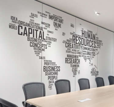 Temos aqui um exemplo de autocolante parede que ilustra o mapa mundo de uma forma empresarial com a ilustração de palavras em vez do nome dos países.