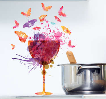 Vinil de cozinha com o desenho de um copo de pé alto colorido, criado com uma padrão de tintas e manchas.