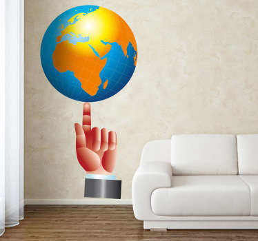 Autocolante decorativo para Empresas com umagem de mão a segurar o globo terrestre na ponta do dedo, ideal para decorar o seu escritório.
