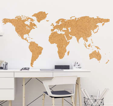 Mapa mundi decorativo de vinil do mundo com um efeito de cortiça ideal para salas de estar ou o quarto dos mais jovens..