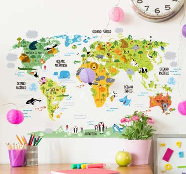 vinis decorativos de mapa-múndi animal com nomes da polônia para decorar o quarto das crianças. é fácil de aplicar e autoadesivo.