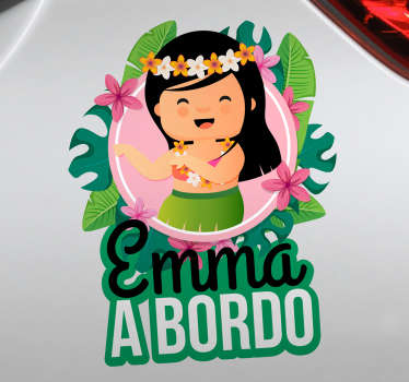 Decore o seu veículo com este autocolante para carro bebé a bordo estilo hawaiana personalizada, que ilustra uma menina adorável do hawai.