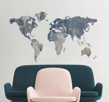 Temos um exemplo de um adesivo de parede mapa mundi com texturas azuis para dar um novo brilho às suas salas. Deixe-se viajar sem sair do lugar!