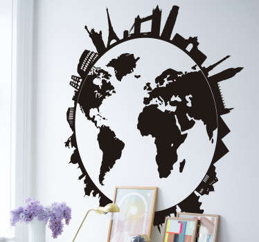 Adesivo em vinil para sala de estar de mapa mundo com o principais monumentos na linha do horizonte, disponível em vários tamanhos.