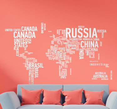 Autocolante de parede fantástico que ilustra o mapa mundo em texto. Mural de parede moderno, original e contemporâneo.
