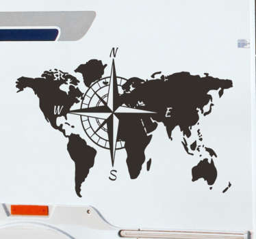 Personaliza a tua caravana com este espetacular vinil autocolante de um mapa mundo sobreposto por uma rosa dos ventos. Fácil de aplicar.