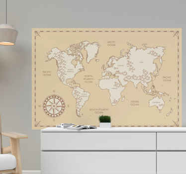 Local do mapa do mundo vinil autocolante decorativo com uma textura e plano de fundo vintage. O produtocontém localizações de mapas de continentes com nomes. Fácil de aplicar e autocolante.