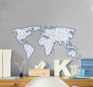 vinis decorativos de mapa mundo geométrico para decoração de escritório e casa. O produtoilustra linhas de conexão que formam um mapa.